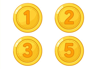 Shiny gold coins with embossed numbers 1, 2, 3, and 5, bright circular tokens, game currency illustration, collectible digital coins, transparent background vector set