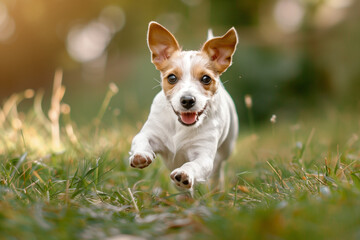 Dog. My pet runing on the grass. It is always so happy to go out to touch the nature