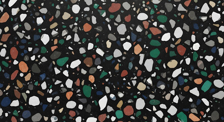 Terrazzo seamless pattern with colorful stone fragments on black background