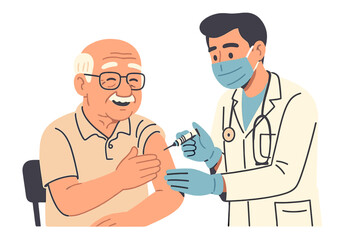Senior old man at the doctor in the hospital is vaccinated. Time for vaccination against COVID-19 or flu. Elderly patient gets a vaccine shot. Vector flat hand drawn illustration.