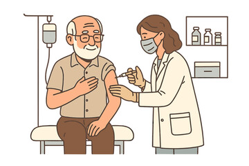 Senior man gets vaccinated by doctor in hospital. Elderly patient receiving vaccine injection for covid or flu. Healthcare, immunization, and medical prevention concept. Vector.