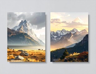 Two mountain landscapes, sunrise and sunset views