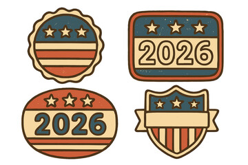 USA 2026 election vintage badge set. American patriotic vote sticker pack. Retro political campaign graphic element. United States midterms label. Grunge flag symbol vector.