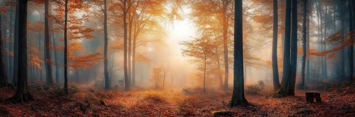 Obraz premium Misty autumn forest scene with tall trees and orange fallen leaves under a golden glowing sky creating a serene and peaceful atmosphere