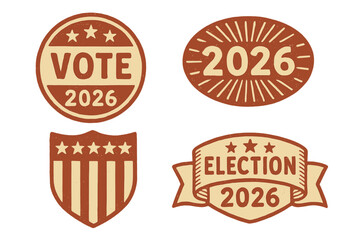 Set of vintage 2026 election badges. Retro USA patriotic sticker collection for midterms. Hand-drawn vote labels with grunge texture. American political campaign vector icons.