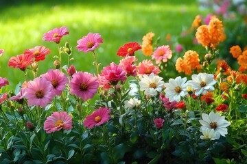 Obraz premium Vibrant garden bed with blooming pink, white, and orange flowers brightly illuminated by sunlight against a lush green background