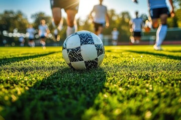 Close-up of classic black and white soccer ball on green grass field with players running towards it during a sunny day