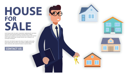 Real estate agent with house keys and property options house for sale vector illustration