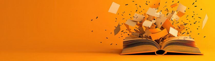 Open book with pages exploding outward in dynamic burst of paper fragments and confetti on vibrant orange background, creative and energetic
