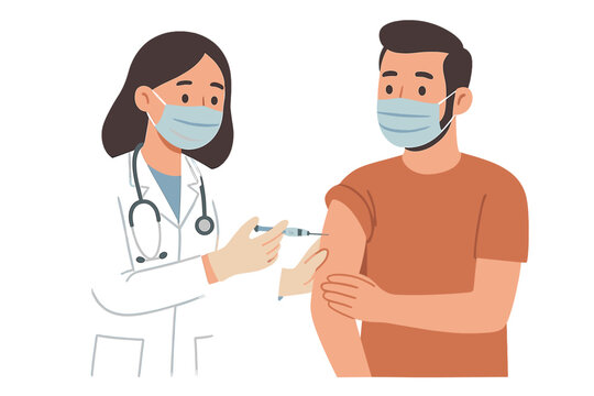 Doctor giving patient vaccine shot. Man getting flu or covid-19 vaccination from a woman nurse in a clinic. Medical immunization and healthcare concept. Vector illustration.