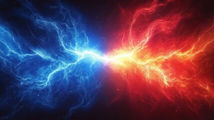 Dynamic clash of blue and red electric lightning bolts meeting in the center on a dark background, conveying energy and tension