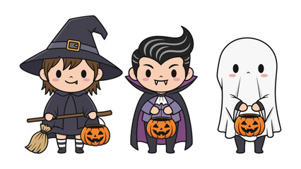 Halloween Trio: A charming illustration of a witch, vampire, and ghost, each holding a jack-o'-lantern bucket, bringing festive Halloween cheer.