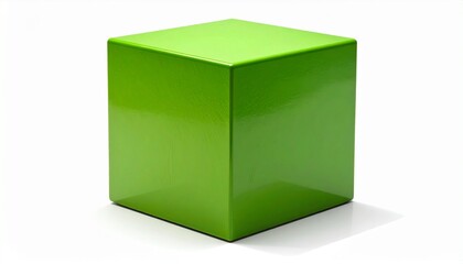 Fototapeta premium Glossy green cube with smooth surfaces casting soft shadow on white background, isolated and well-lit, showcasing geometric precision and minimalist design for visual or educational use.