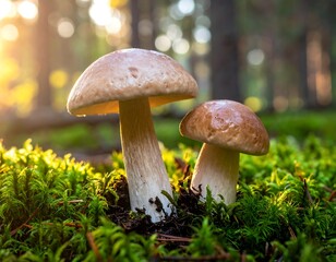 Two mushrooms in a mossy forest floor bathed in sunlight