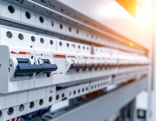 Close-up of electrical circuit breakers in a panel