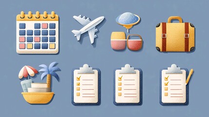 Dreaming of vacation planning, this vibrant collection features a calendar, airplane, travel essentials, and checklists for your next adventure, inspiring wanderlust and organized getaways.