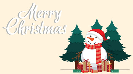 Merry Christmas greeting card with snowman, pine trees, and gift boxes vector illustration isolated