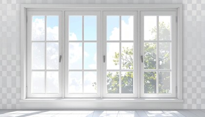 Fototapeta premium White-framed window with open side panels and grid panes, revealing scenic mountain and greenery view, isolated on transparent background for nature-themed design and interior visualization.