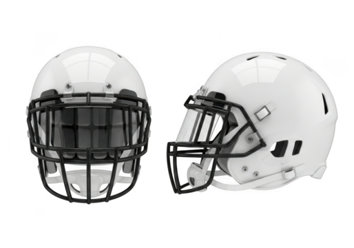 Two white football helmets isolated on transparent background