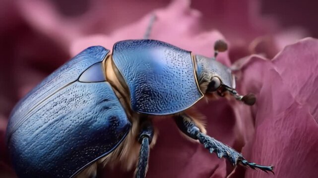Macro shot of a shiny blue beetle resting on a pink flower petal