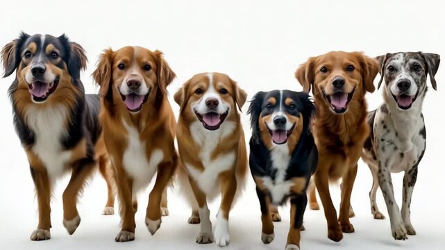A vibrant gathering of different pedigreed dogs strolls together in a sunlit park. Their joyful camaraderie showcases a range of breeds, each displaying unique traits and personalities.