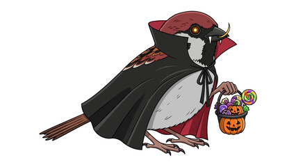 Halloween Sparrow: A cartoon sparrow dressed in a vampire costume with a pumpkin bucket for trick-or-treating. Capturing the playful spirit of Halloween with a whimsical and festive illustration.