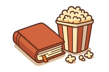 Book versus movie concept. Reading literature vs. watching films in cinema. Entertainment and leisure icon. Vector cartoon illustration of a book and a bucket of popcorn.