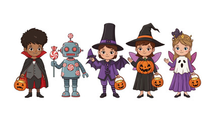 Halloween Characters in Costume: A whimsical group of children dressed in vibrant costumes, each embodying a classic Halloween character in a festive display of joyful trick-or-treating anticipation.