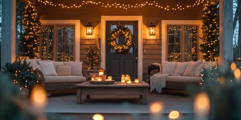 Cozy outdoor porch decorated with warm string lights, illuminated candles on wooden table, cushioned wicker sofas, Christmas wreath on a door evoking festive and inviting atmosphere