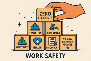 Work Safety Principles: A graphic illustrating the key principles of a safe work environment, highlighting the importance of zero accidents, protection, compliance, and health.