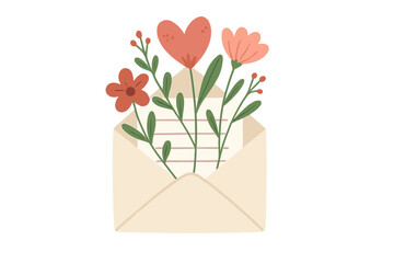 Romantic love letter in open envelope with bouquet of spring flowers and heart. Hand drawn vector for Valentine's day, Mother's day, or wedding invitation greeting card.