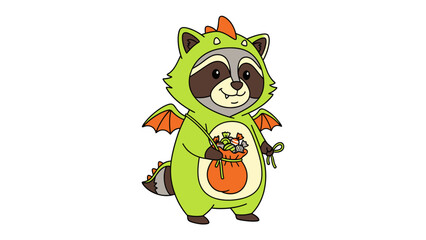 Adorable Raccoon in Dragon Costume: A charming cartoon raccoon dressed in a delightful dragon costume, clutching a bag of treats and embodying a sense of playful fun and whimsy.