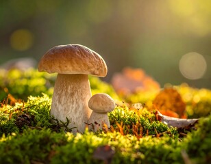 Two mushrooms in a sunlit forest