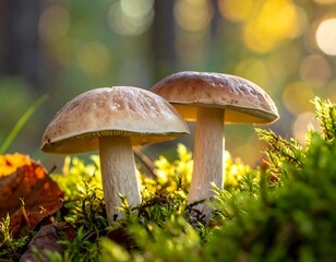 Two mushrooms in forest bed