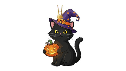 Black cat with Pumpkin & Witch Hat: A charming cartoon of a sleek black cat, adorned in a witch hat and clutching a jack-o'-lantern, embodies the whimsical spirit of Halloween.