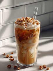 Iced coffee topped with whipped cream and caramel in a glass, enjoyed during a sunny afternoon indoors