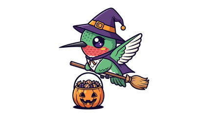 A Whimsical Halloween Flight: An illustrated hummingbird, adorned in a witch hat and cape, rides a broom with a Jack-o'-lantern and sweets, conjuring the charm of Halloween. 
