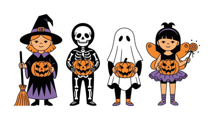 Happy Halloween Characters: Diverse kids in creative costumes holding carved pumpkin lanterns, embodying the playful essence of Halloween, set against a clean backdrop, radiating festive cheer.