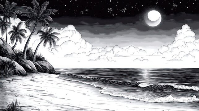 black and white illustration of a serene tropical beach at night with palm trees, gentle waves, a bright moon, starry sky, and fluffy clouds creating a calm and peaceful atmosphere