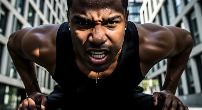 Intense Workout: A determined man, drenched in sweat, pushes himself to the limit with a challenging workout, his face contorted in a mask of sheer exertion and willpower.