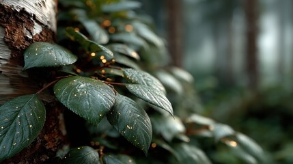 Close view of green leaves glistening with dew in a tranquil forest setting surrounded by tall trees and soft morning light