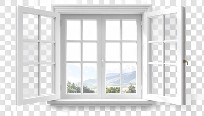 Fototapeta premium White-framed window with open side panels and grid panes, revealing scenic mountain and greenery view, isolated on transparent background for nature-themed design and interior visualization.