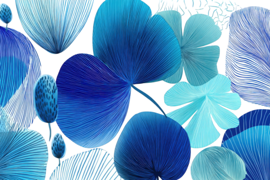 Aqua Blue Floral Mosaic Pattern on Transparent Backdrop Detailed Botanical Theme Design with Ornate Leaf and Petal Structures Intricate Details and Contrasting Colors Vector Art