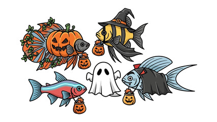Halloween Fishy Fantasies: A whimsically illustrated scene features a group of fish costumed for Halloween, each one a unique embodiment of spooky charm.