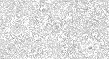 Intricate black and white seamless pattern with detailed mandala and floral geometric elements for coloring or background