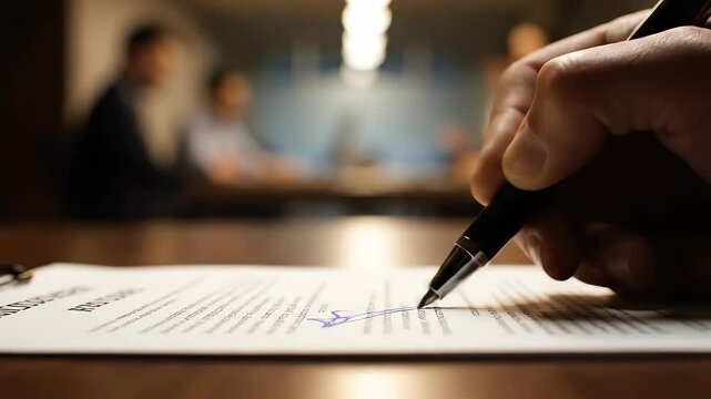 Business Contract Signing: A Close-Up of a Hand Signing an Important Document