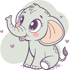 Fototapeta premium cute baby elephant sitting with pink ears and playful trunk on green background with hearts