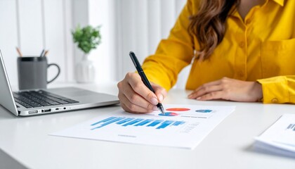 Fototapeta premium A professional businesswoman working in a modern office, examining documents and financial charts on her desk with a laptop, pen, and paperwork, symbolizing planning, analysis, and innovation.