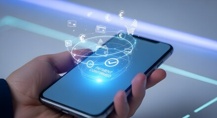Close-up of a hand holding a smartphone with a glowing futuristic interface confirming a secure digital payment, representing the seamless evolution of global fintech