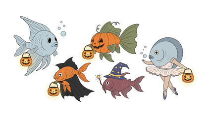 Halloween Fish: A charming illustration showcasing adorable fish in creative costumes, each holding a festive lantern, exuding spooky fun for a Halloween celebration.